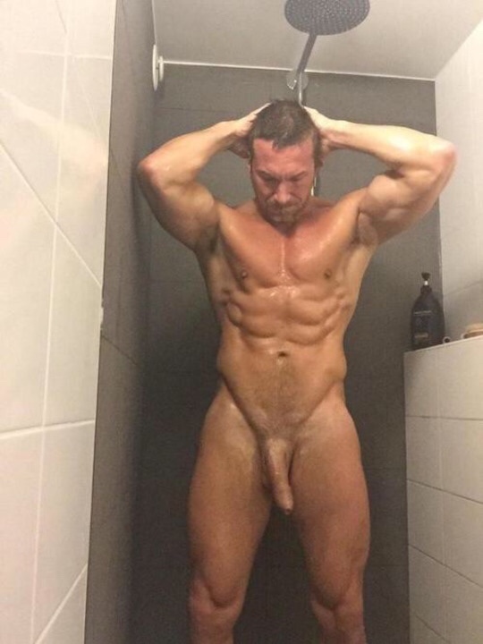Nude shower stud with a big penis