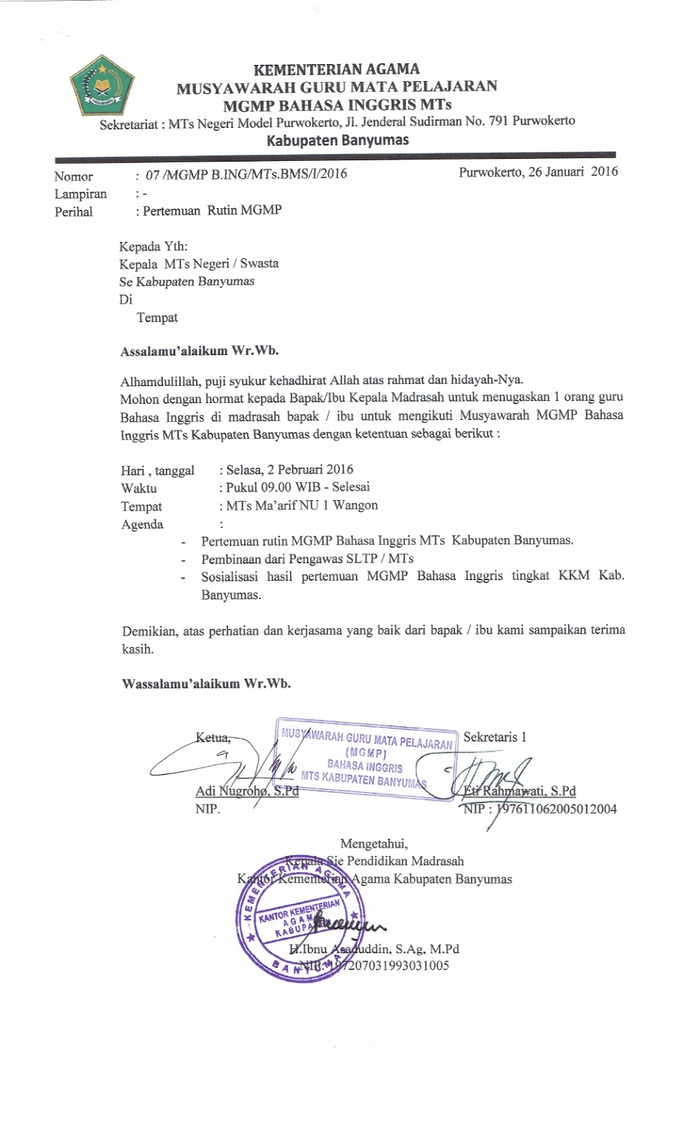 PENDIDIKAN MADRASAH Undangan MGMP Bahasa Inggris