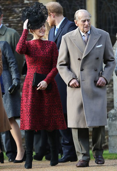 Prince Harry, Princess Anne, Prince Edward, Countess Sophie, Lady Louise Windsor, Princess Eugenie, Princess Beatrice. wore Prada dress, Prada shoes, pumps