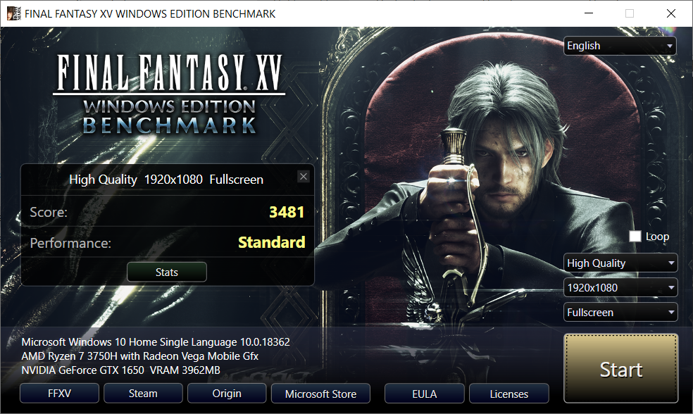 Benchmarking ASUS TUF Gaming FX505D dengan Final Fantasy XV dengan kualitas High dan kondisi charging