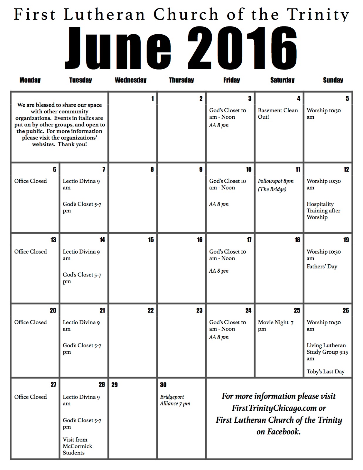 First Trinity Chicago June Calendar