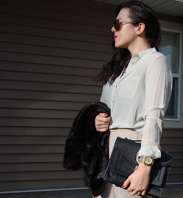 Zara pants,Joe Fresh silk blouse, Vera Wang vest,Loeffler Randall Rider bag