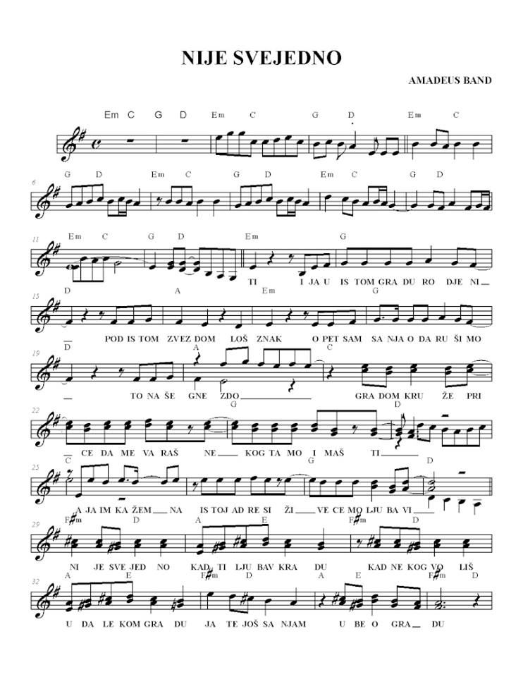 NOTE DOMACE I STRANE NIJE SVEJEDNO AMADEUS AKORDI NOTE