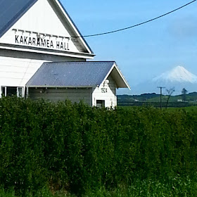 Kakaramea Hall with Mount Taranaki in the background.