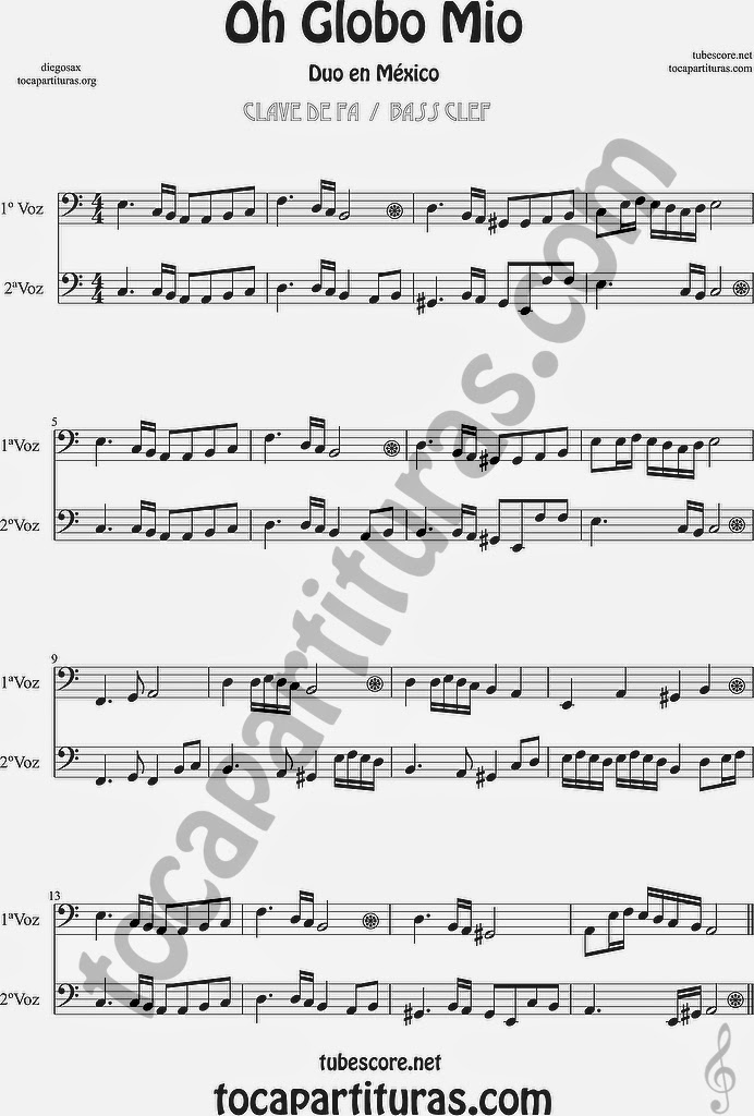  Oh Globo Mio Partitura de en Clave de Fa en Cuarta línea Partituras de Trombón, Chelo, Fagot, Tuba Elicón, Bombardino, Fagot... Sheet Music for Trombone, Cello, Bassoon, Tube, Euphonium in Bass Clef F Music Scores