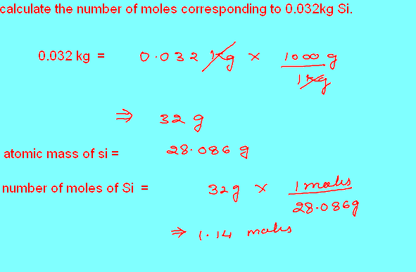 Free Online Help: calculate the number of moles corresponding to 0.032kg Si