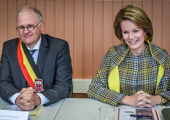 Queen Mathilde wore a new plaid multicolor coat by Natan. Natan coat from Fall/Winter 2019 collection