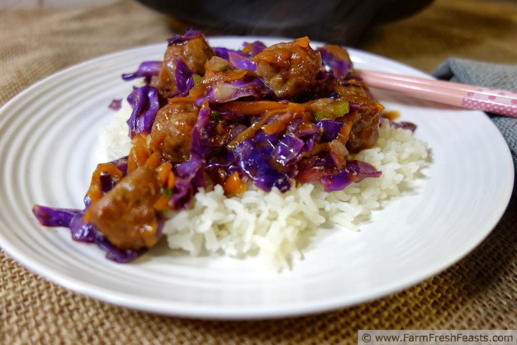 Farm Fresh Feasts Orange Teriyaki Slaw Stir Fry with Orange Sriracha Turkey Meatballs