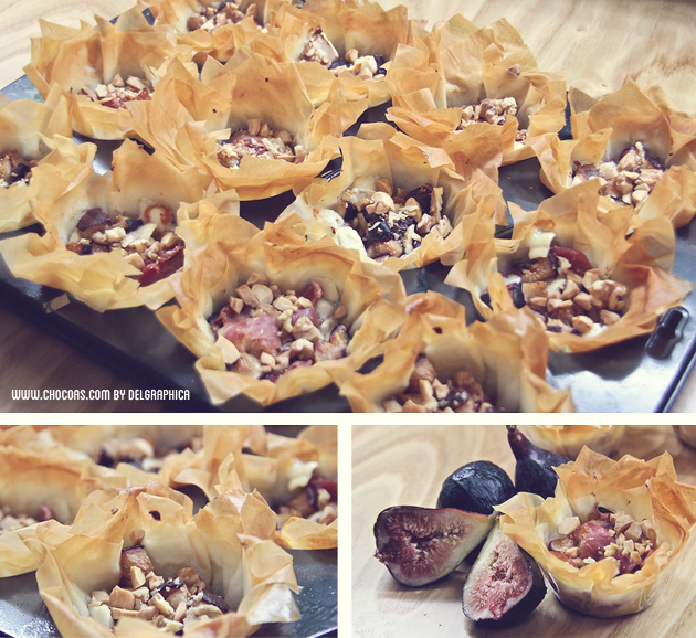 Cesta salada de pasta filo con relleno de higos y queso de cabra