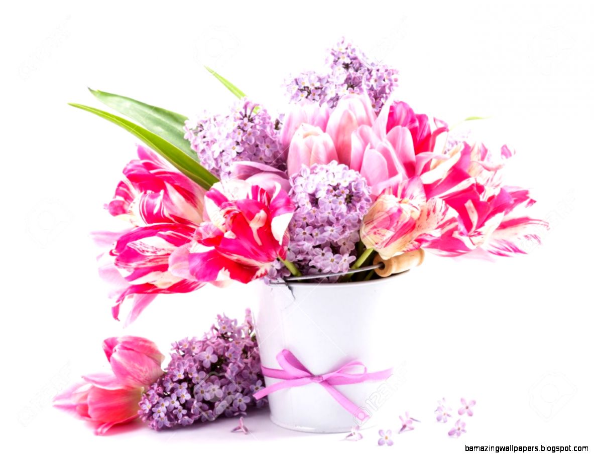 Bouquet From Pink Tulips And Lilac On White Stock Photo Picture