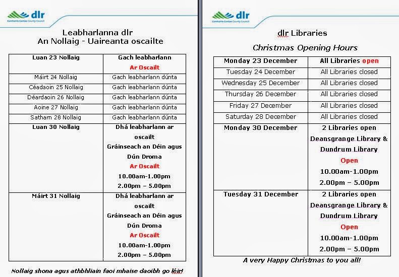 dlr Libraries Christmas opening hours 2013