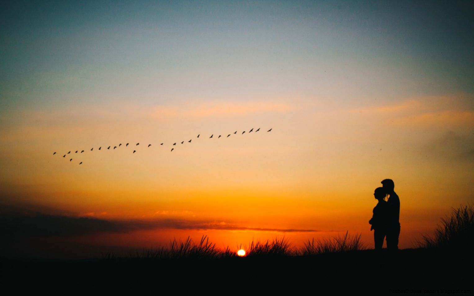 Couple Back Hug On Grass Field At Sunset At Sunset