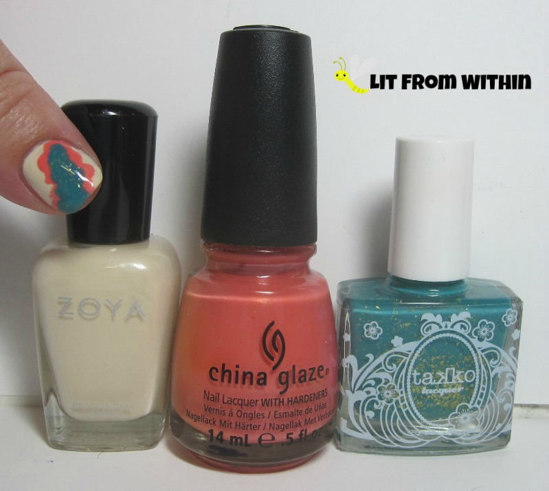 Bottle shot:  Zoya Jacqueline, China Glaze Mimosa's Before Mani's, and Takko Lacquer Nirvana.