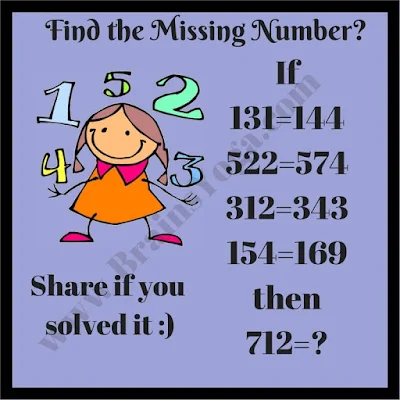 If 131=144, 522=574, 312=343, 154=169 then 712=?. Can you solve this Logical Reasoning Puzzle Question for 7th Grade Students?