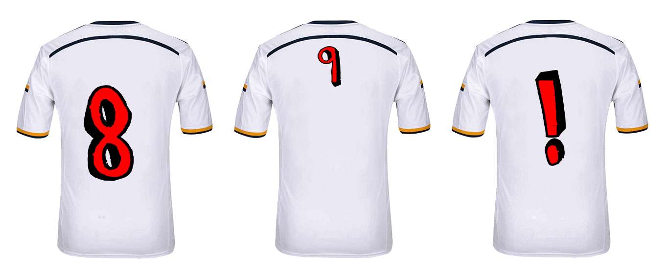 Camisetas con los dorsales ocho, nueve, y el signo de admiración Camisetas con los dorsales ocho, nueve, y el signo de admiración