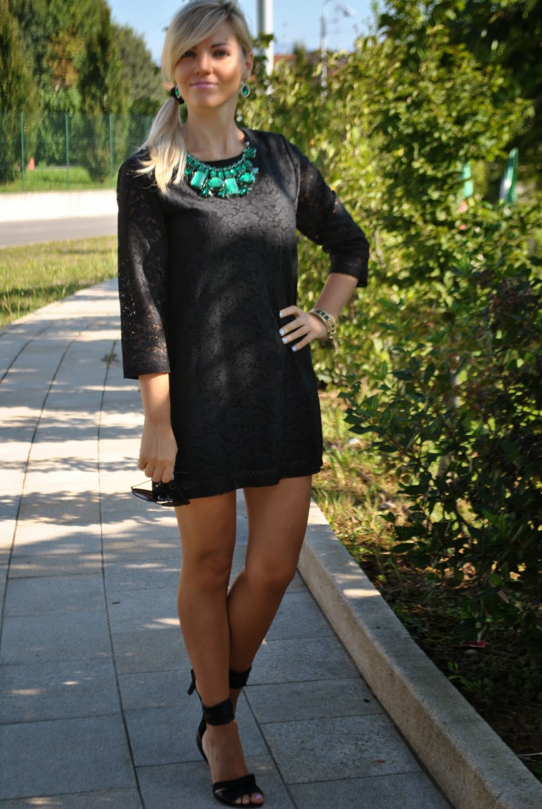 Color-Block By FelyM.: BLACK LACE DRESS AND EMERALD ACCESSORIES