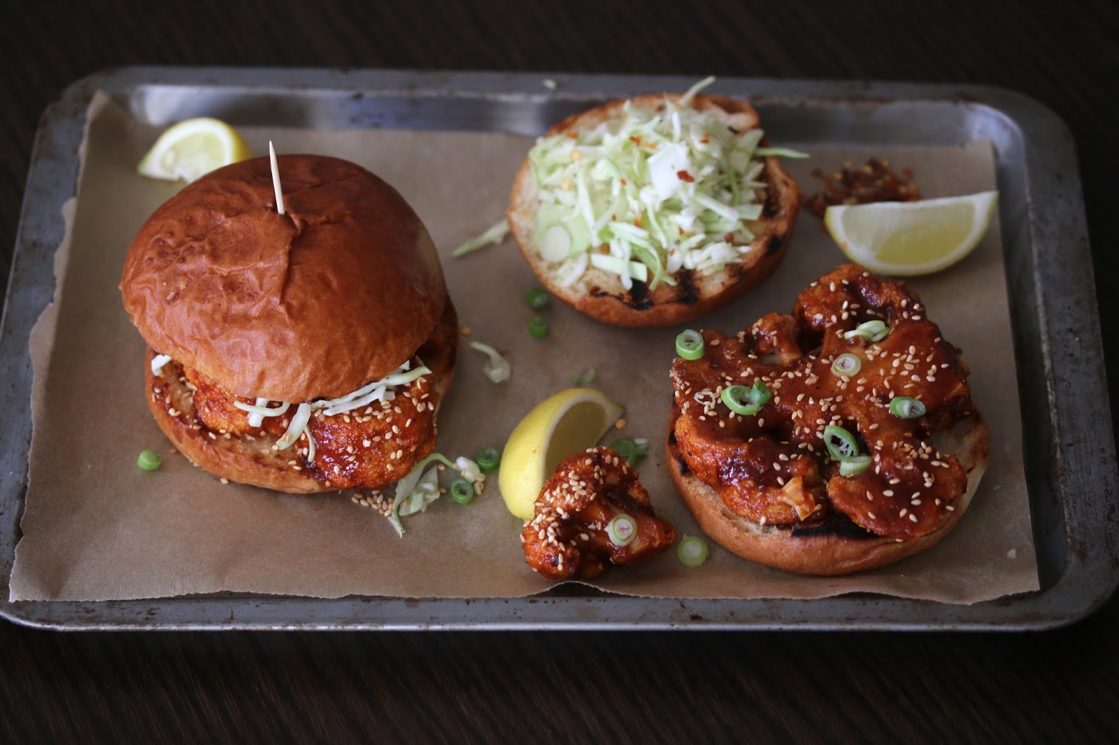 Sticky Cauliflower Burgers in Brioche Buns with Pickled Cabbage