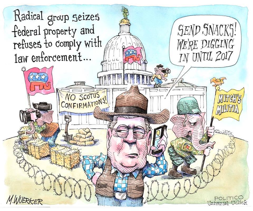 Cartoon comparing Republicans' refusal to consider a Supreme Court nomination to the Bunday takeover of the Malheur wildlife refuge.