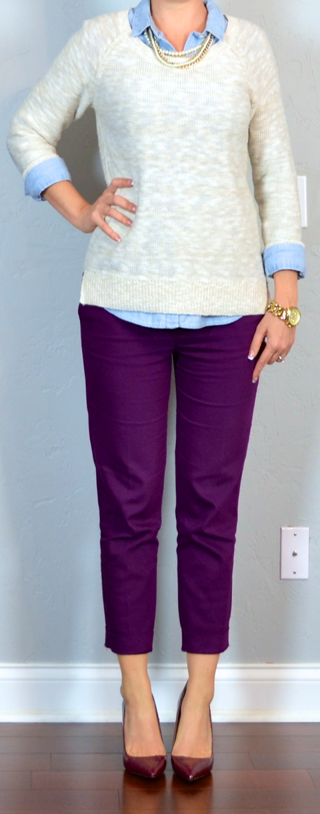 outfit post: beige slub sweater, light chambray shirt, purple cropped ...