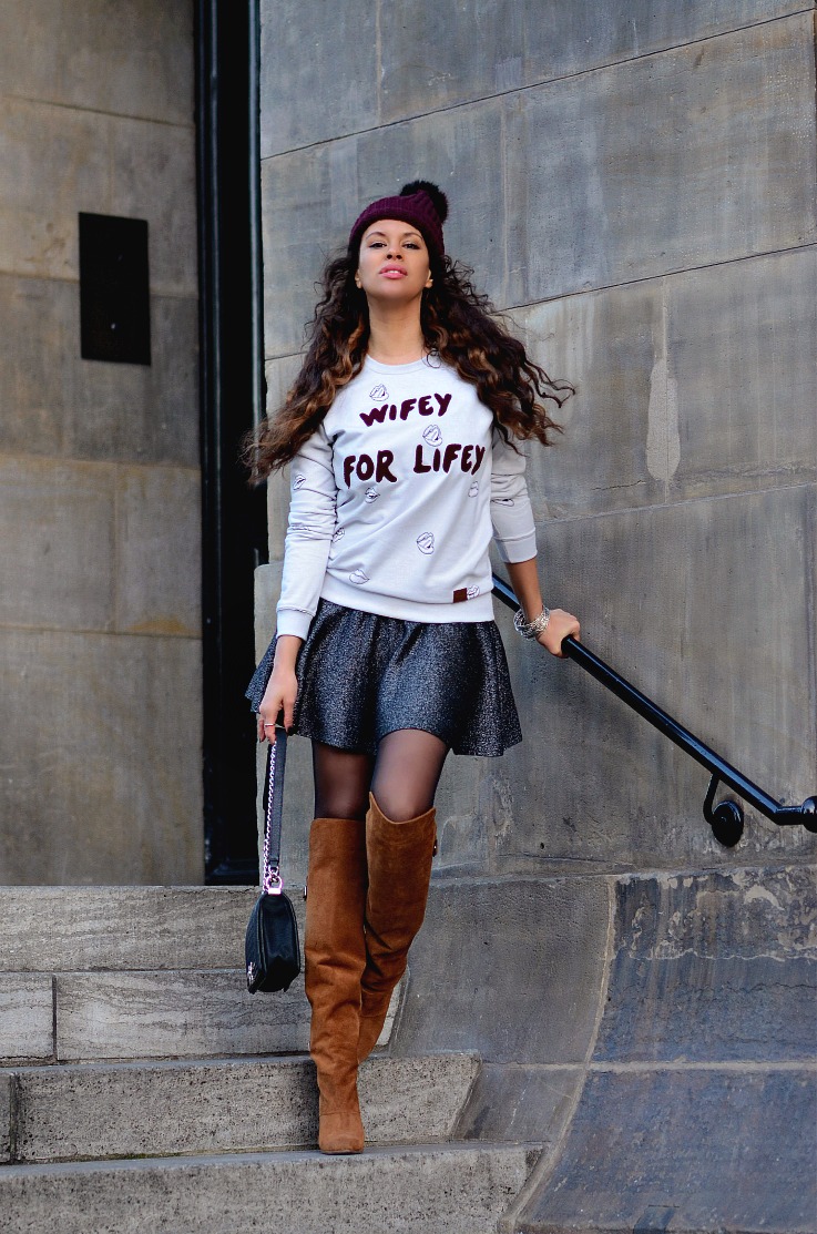 Tamara Chloé, Colurful Rebel, Wifey For Iifey, Suede Over The Knee The Boots, Chanel Boybag, Burgundy Pom Beanie, Glitter skater skirt, TC Style Clues