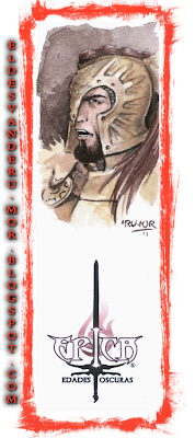 Acuarela (marcapáginas) del personaje Kánator del juego de cartas ÉPICA: Edades Oscuras realizado por ªRU-MOR. Fantasía medieval