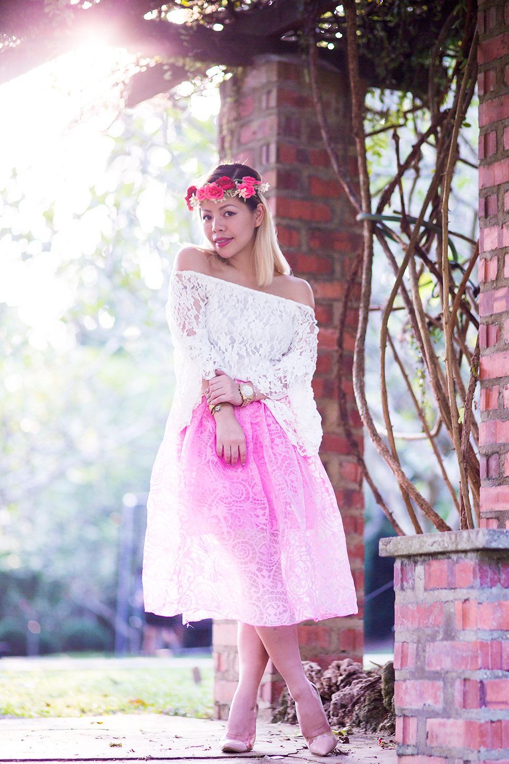 Crystal Phuong- Singapore Fashion Blog- Sweet look with chiffon midi skirt, off shoulder lace top and floral crown