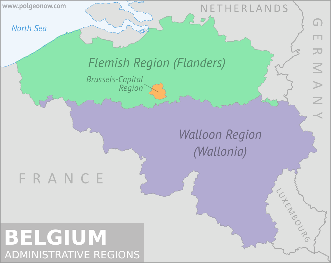Map of Belgium's three official administrative regions: the Flemish Region (Flanders), the Walloon Region (Wallonia), and the Brussels-Capital Region