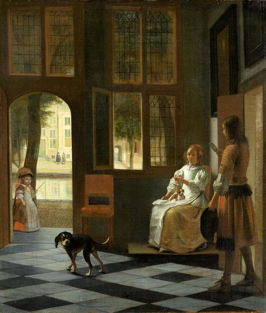 Man Handing a Letter to a Woman in the Entrance Hall of a House