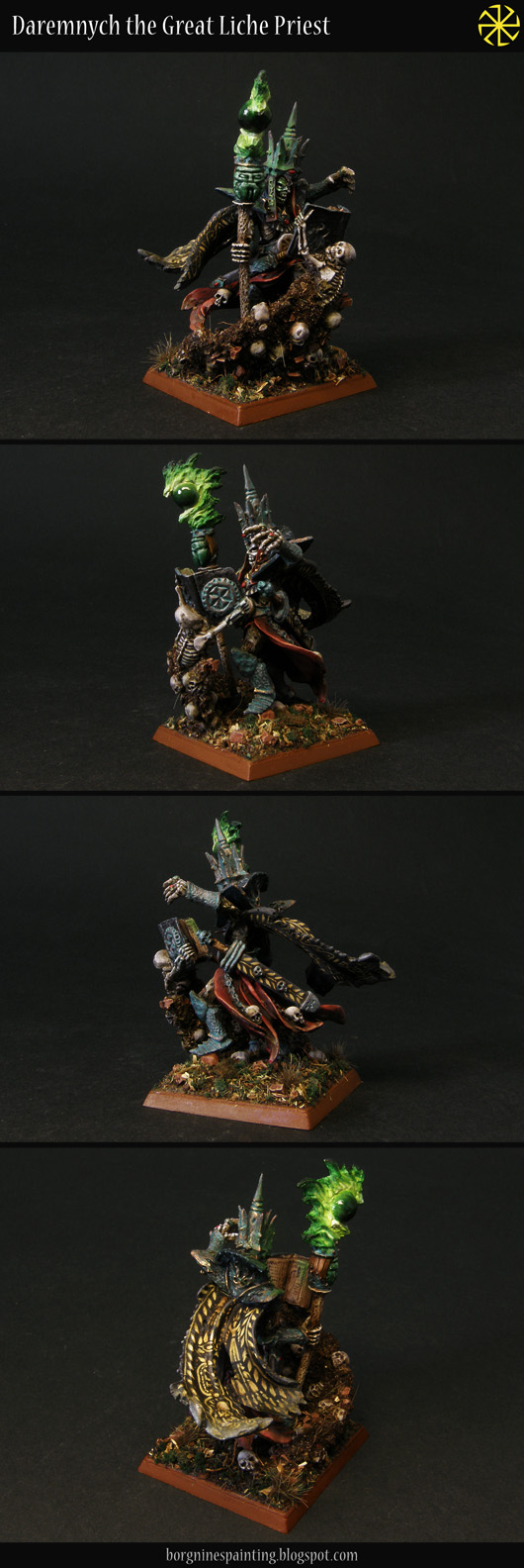 A single Necromancer Lord miniature from Avatars of War, sculpted by Gary Morley, on a square base, painted and converted to be used as powerful Liche character in WFB or AoS. He is carrying a flaming staff (some OSL effects there) and wearing a patinated crown.