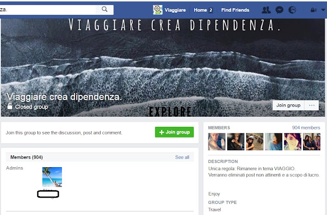 Schermata del gruppo Facebook “Viaggiare crea dipendenza”, con copertina che mostra un paesaggio marino in bianco e nero e la scritta sullo sfondo. Il gruppo conta oltre 900 membri ed è dedicato a chi ama viaggiare.