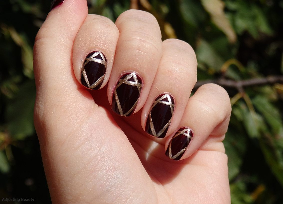Fall burgundy gold geometric nails - Adjusting Beauty
