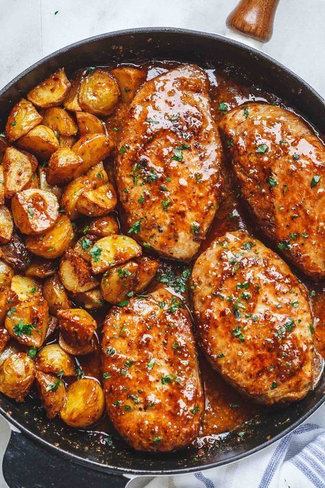 Honey Mustard Pork Chops and Potatoes Skillet - Best ever melt in your mouth, super delicious pork chops!