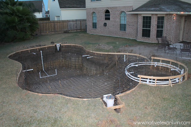 Pool dug, rebar in place, some plumbing placed Informative step by step pool building process with pictures showing every phase