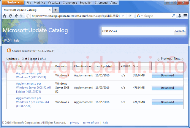 Microsoft Update Catalog risultati ricerca aggiornamenti Windows