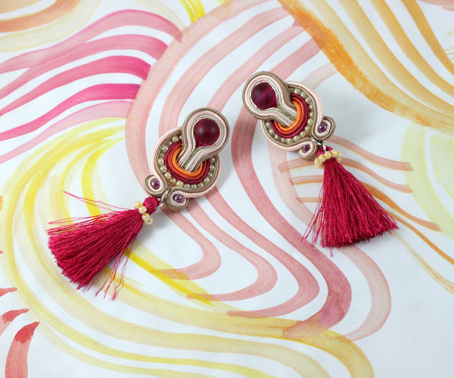 pink with tassels soutache earrings, soutache handmade jewelry