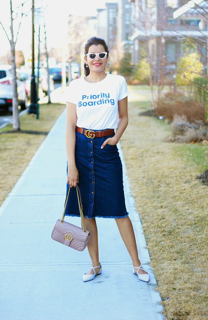 Denim skirt, Button front denim skirt, denim skirt with front pockets, eShakti Denim skirt, Zara Priority Boarding tee, Gucci Belt, Gucci Marmont soft rose double flap bag