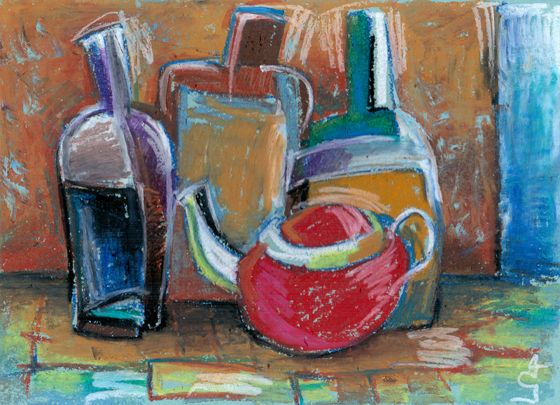 Still life with bottles and teapot by Gregory Avoyan