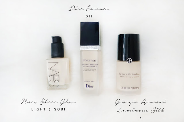 Dior Forever Flawless Perfection - 011 Nars Sheer Glow - Light 3 Gobi Giorgio Armani Luminous Silk - 3