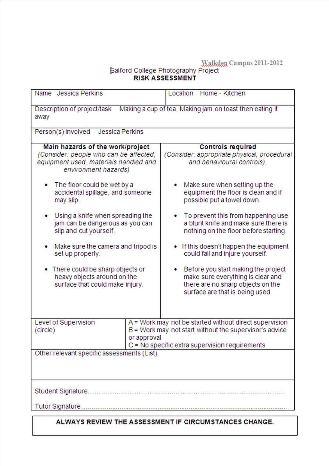 Stop motion animation risk assessment