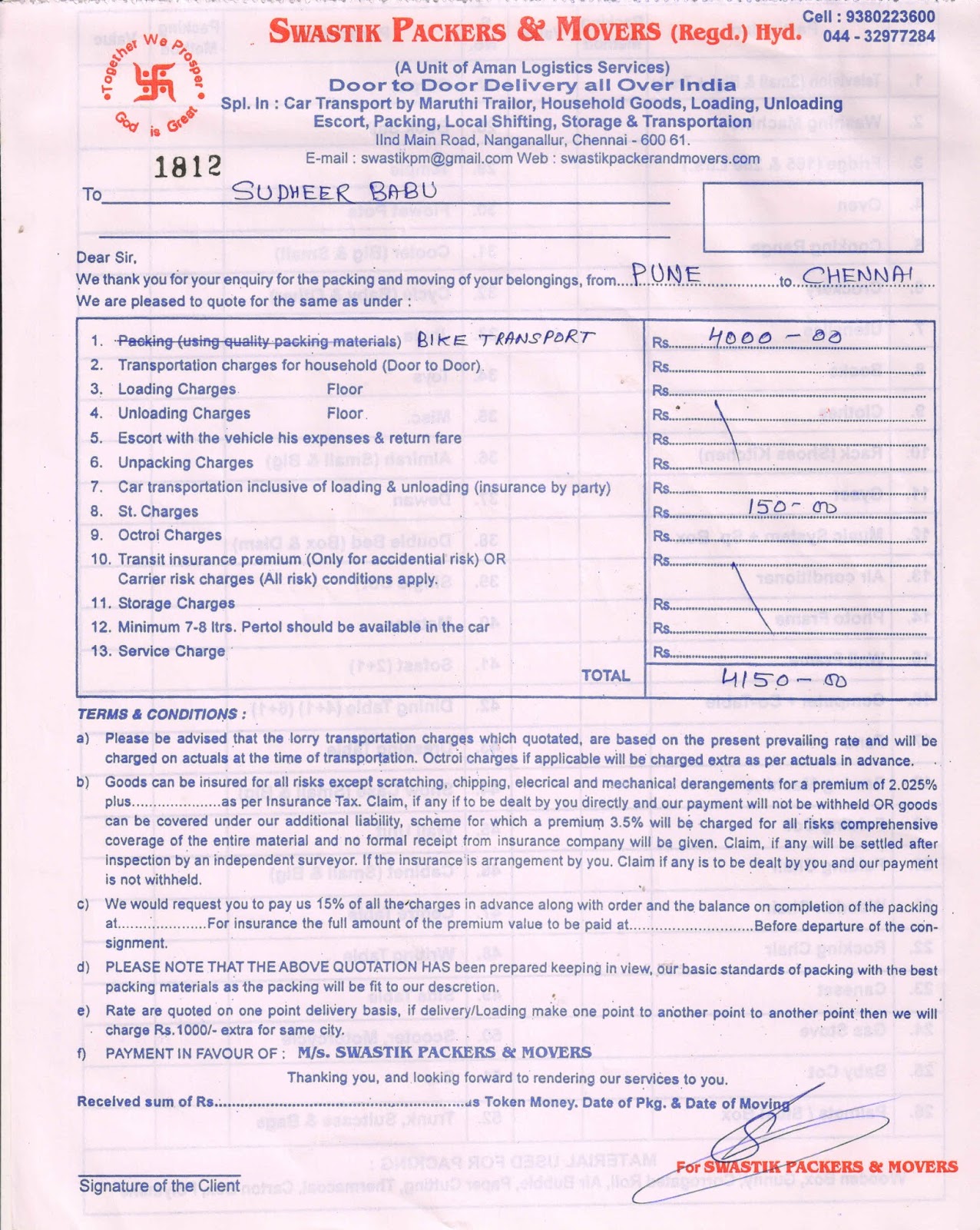 movers and packers bill