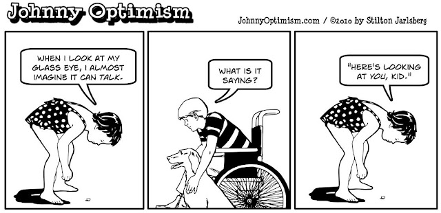 johnny optimism, johnnyoptimism, stilton jarlsberg, medical humor, sick jokes, wheelchair, glass eye
