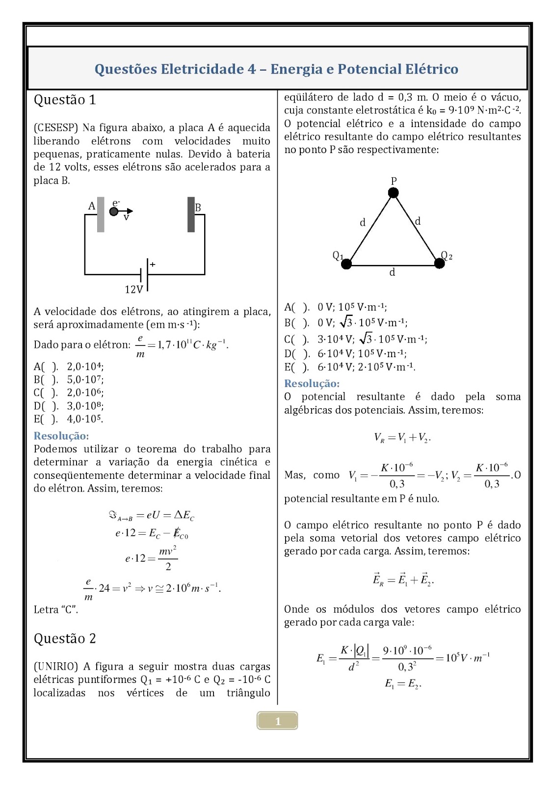 Fisica eletricidade campo eletrico Fisica eletricidade campo eletrico