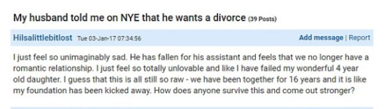 000000 Lady says she feels 'unlovable' and a 'failure' after her husband left her for his assistant on New Year's Eve