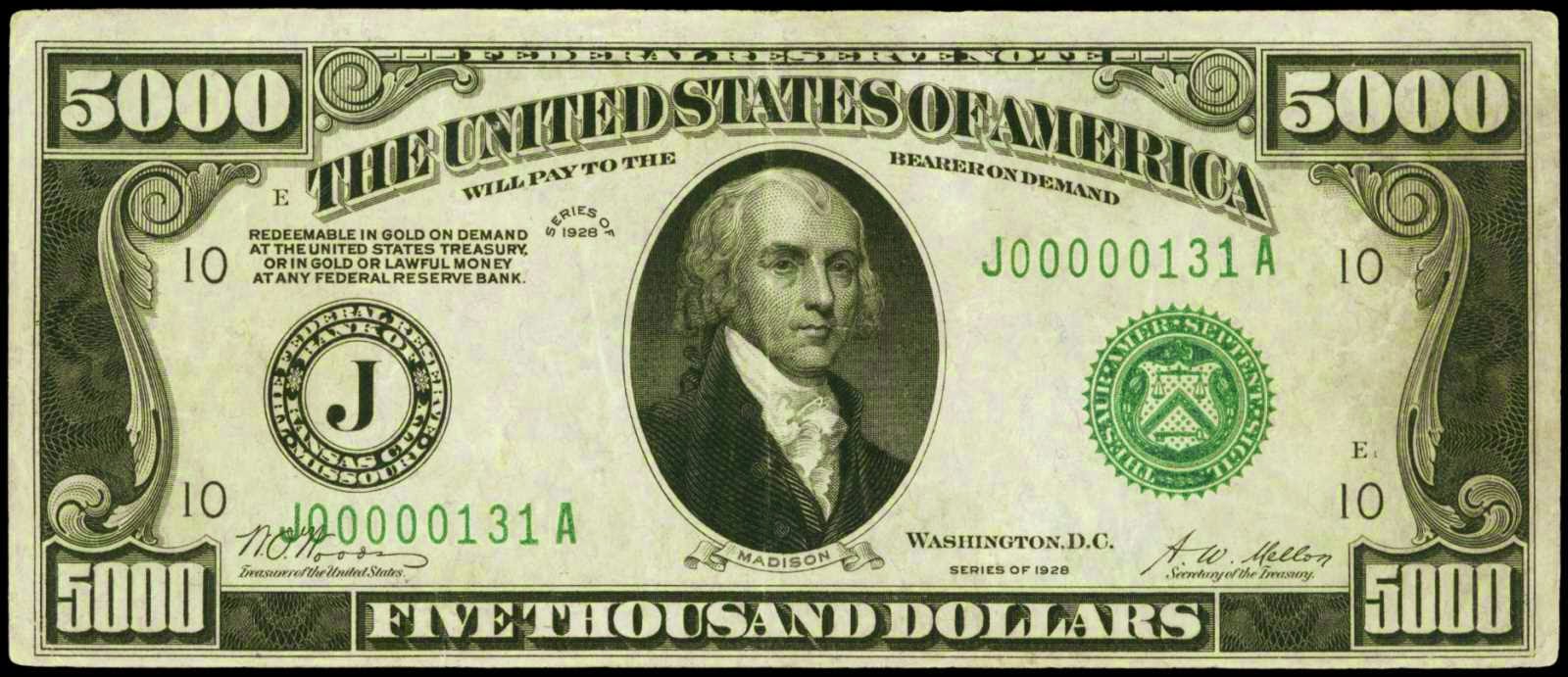 5,000 Dollars, Federal Reserve Note, United States, 1928