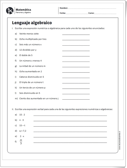 "Lenguaje algebraico" (Ficha de Matemáticas de Primaria)
