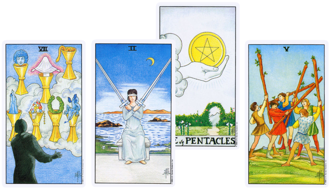 Universal Waite Tarot, Seven of Cups, two of Swords, Ace of Pentacles, Five of Wands