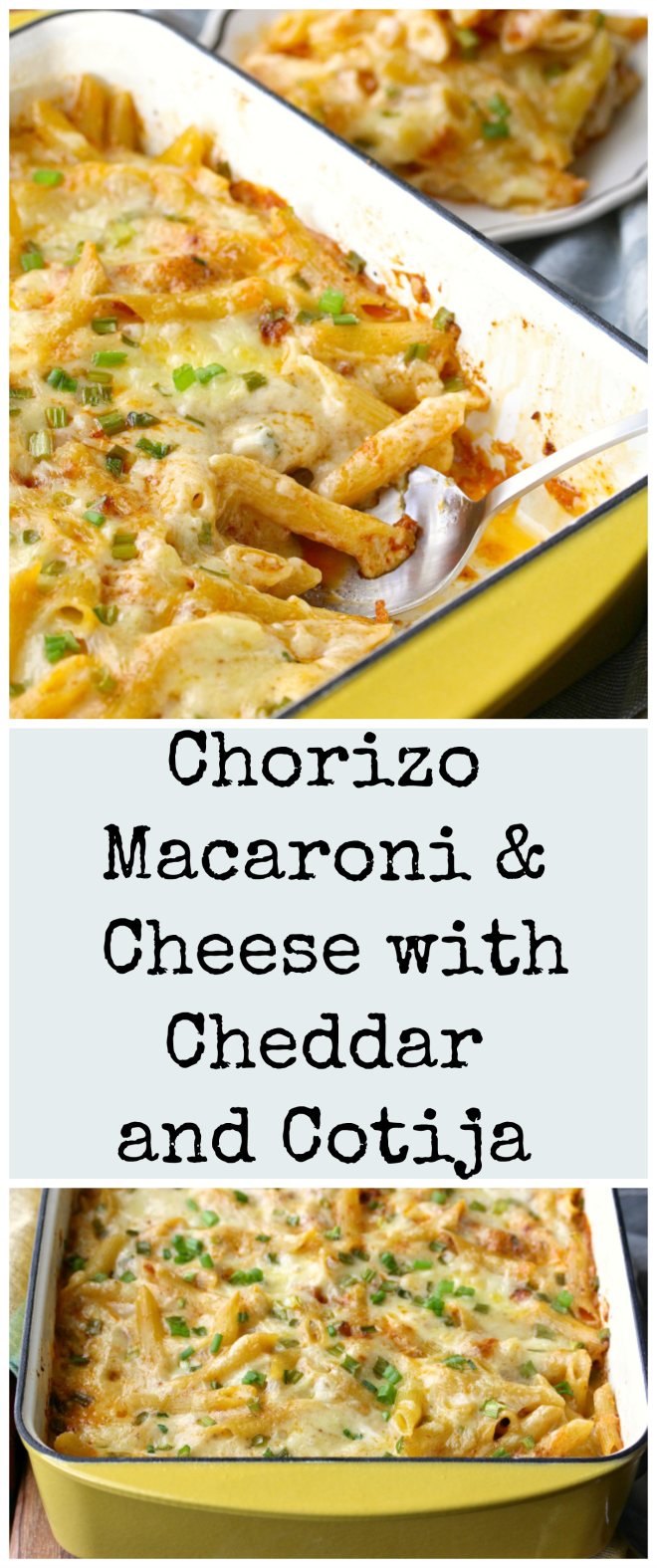 This Chorizo Macaroni and Cheese with Cheddar and Cotija takes the flavors of English and Mexican cheeses and combines them into about the best macaroni and cheese I've ever tried. 