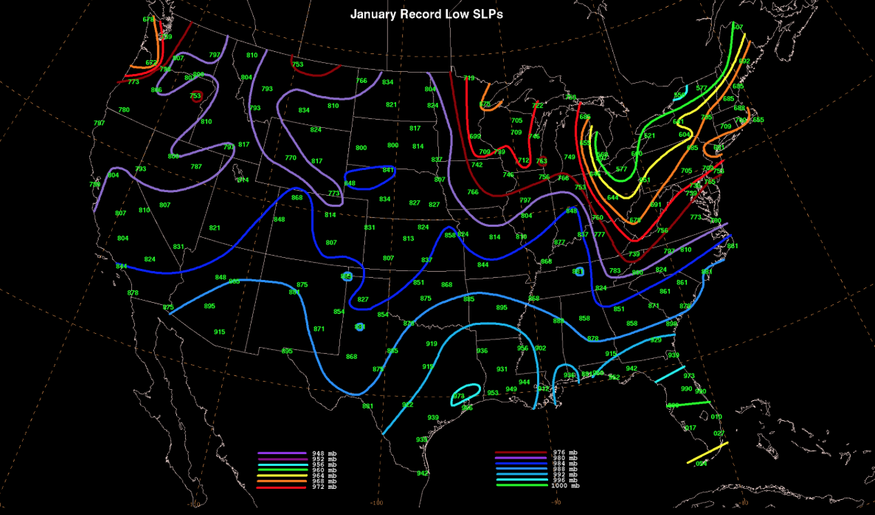 january record low sea level pressures some of these records may fall if the southern storm drops below 990 mb lower pressure equals stronger storm january record low sea level pressures some of these records may fall if the southern storm drops below 990 mb lower pressure equals stronger storm