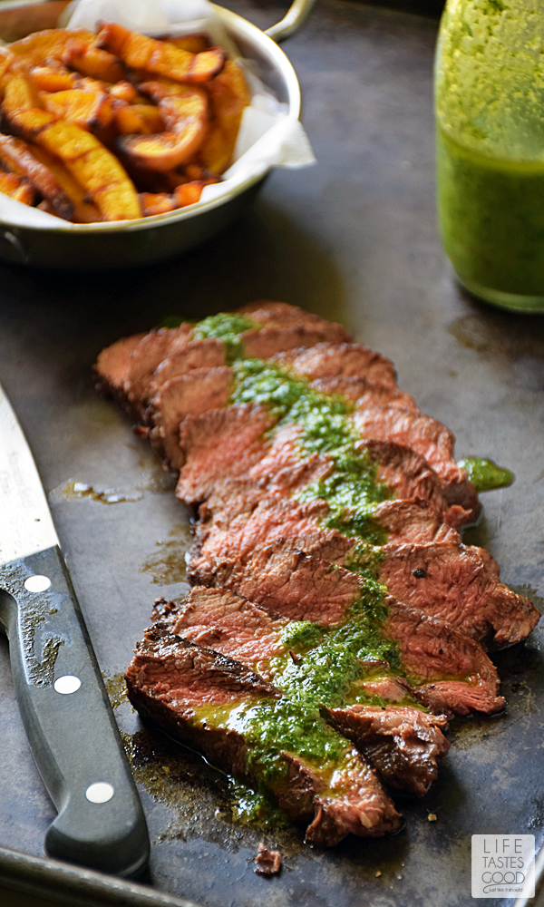 Pan-Seared Steak with Chimichurri sauce | by Life Tastes Good is an easy to make dinner any night of the week! Flat-iron steak is one of the most flavorful cuts, and it is more budget-friendly than some other popular cuts, which makes it a great choice for WeekdaySupper! #LTGrecipes