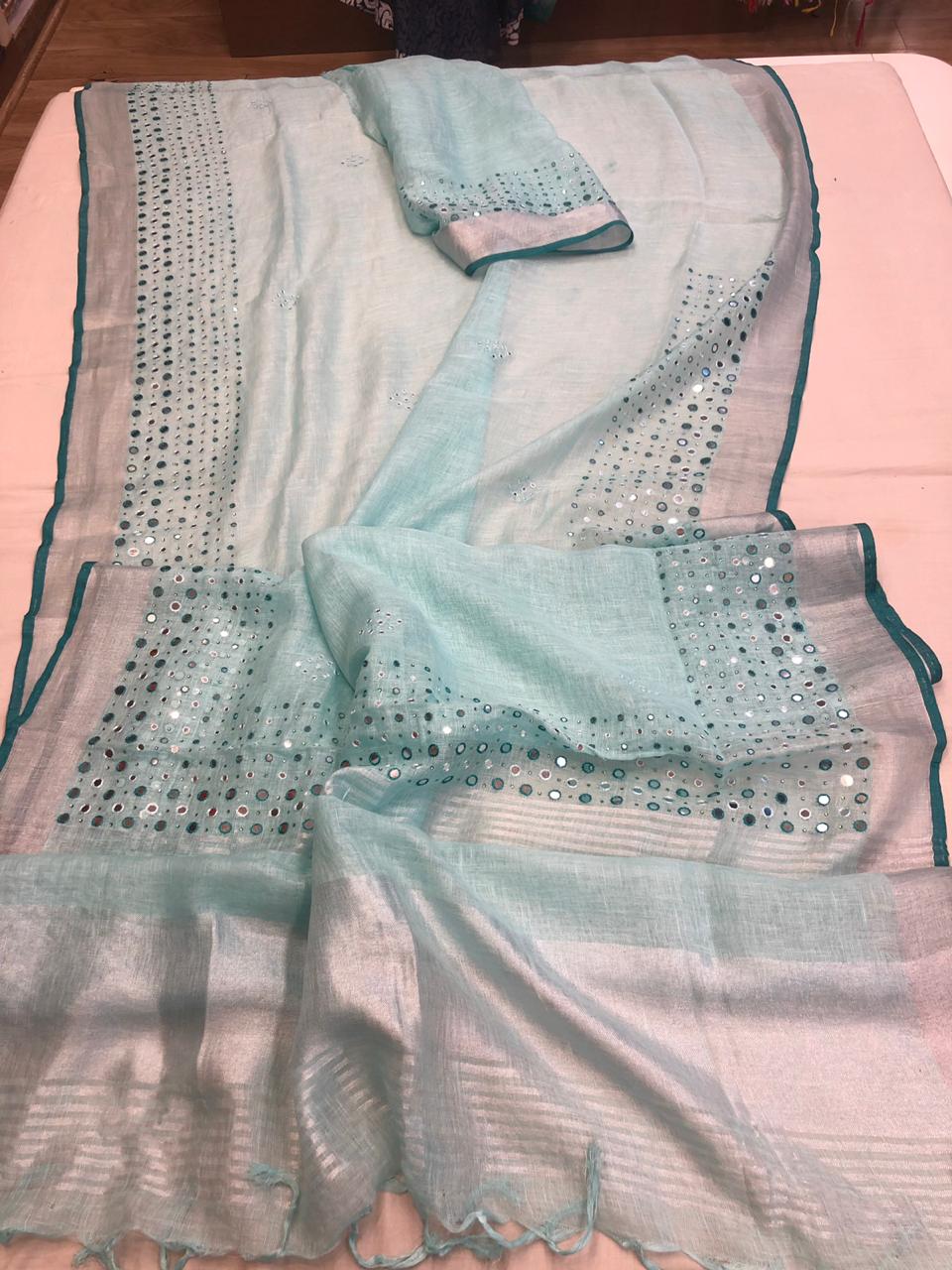 Designer Lenin Mirror Work Sarees